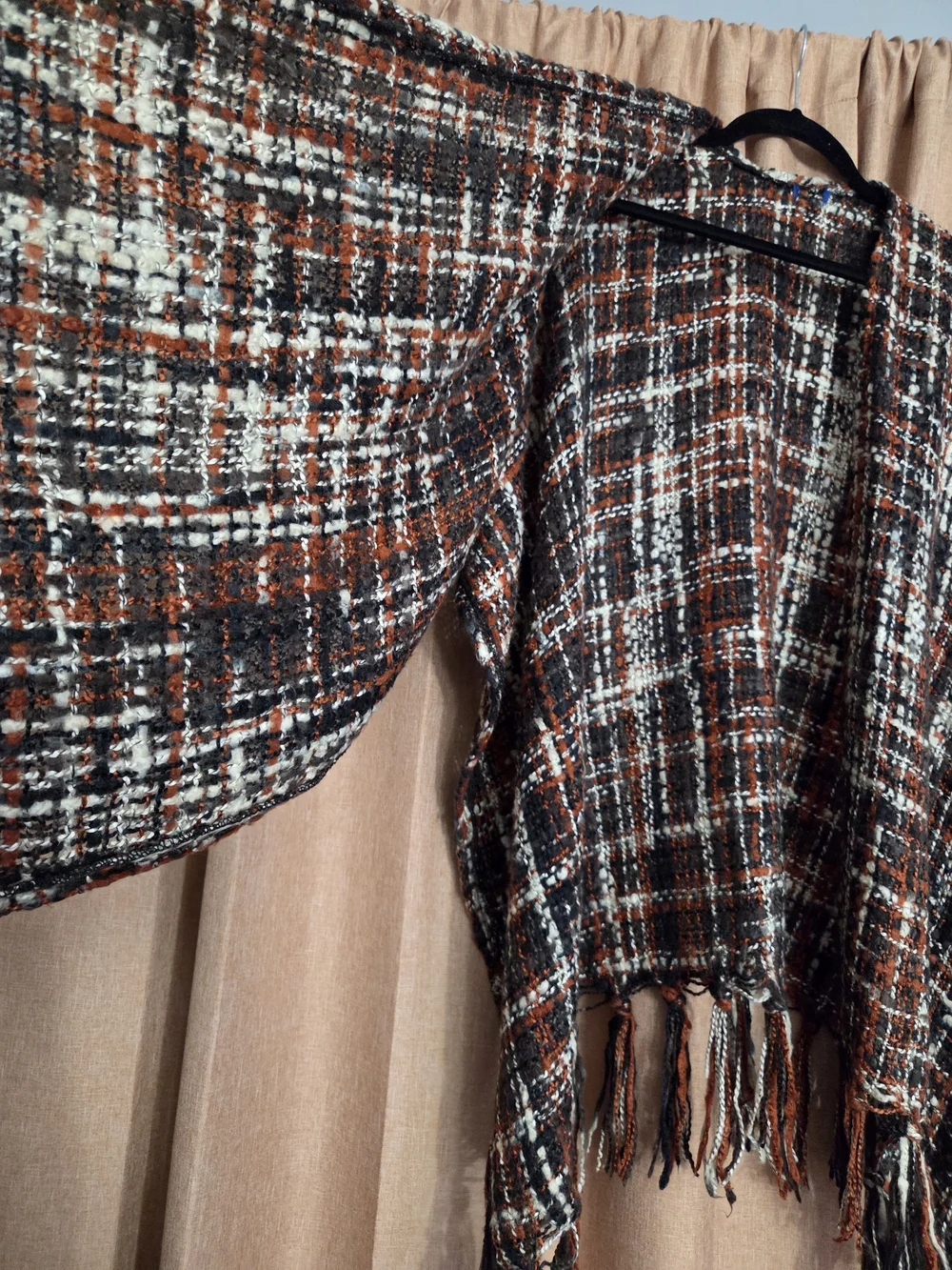 Sonoma Plaid Fringe Open-Front Cape in Rust, Brown, Cream,Black & Teal